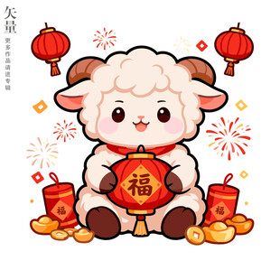 小羊抱灯笼羊年新年装饰画玻璃贴
