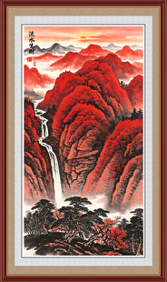 流水生财山水画招财画客厅画竖版