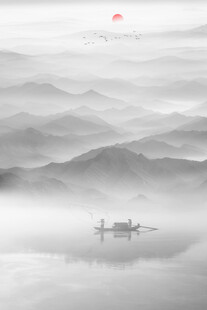 复式楼玄关水墨山水画背景墙