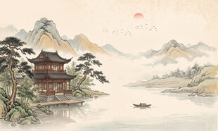 新中式屏风古风水墨山水画背景墙