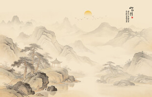 新中式屏风古风水墨山水画背景墙