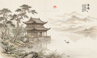 中式古风阁楼水墨山水画背景壁画