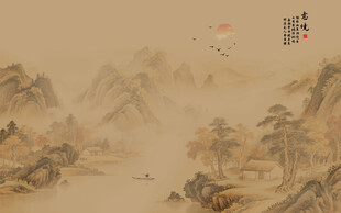 中式传统古画水墨山水意境图