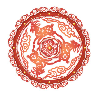 三羊开泰矢量圆形剪纸窗花图案