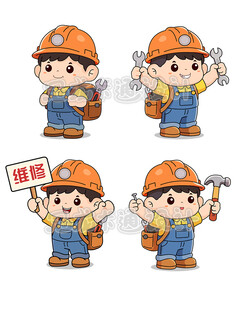 可爱维修工人卡通形象集合