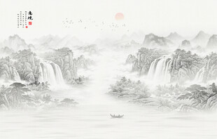 新中式山水画沙发背景墙