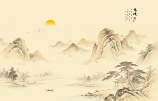 新中式传统古风山水画背景墙