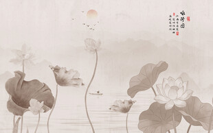 古典荷花山水背景墙