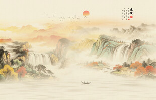 新中式古风水墨山水画背景墙壁画
