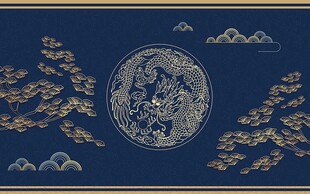国潮风线条迎客松背景墙