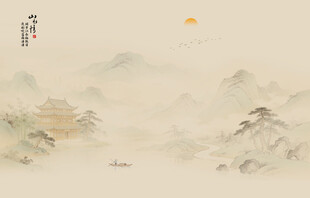 新中式古风古典山水画背景壁画