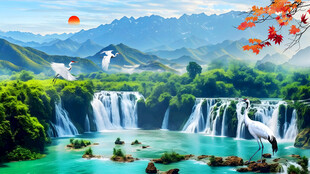 瀑布山水风景画