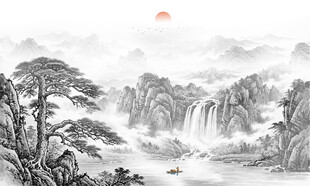 新中式水墨迎客松背景墙