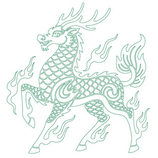 传统线描麒麟纹样火焰线稿矢量图
