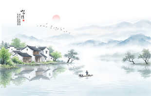 新中式手绘江南古风山水画背景墙