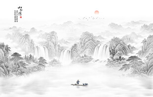 中式意境流水生财背景墙