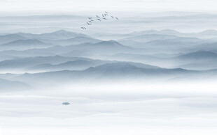 蓝色大气水墨山水画背景墙