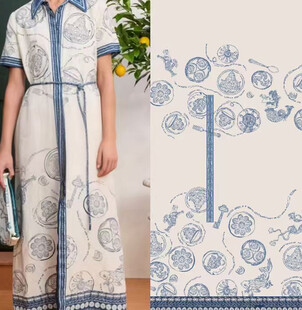高清矢量图国风青花瓷印花服饰