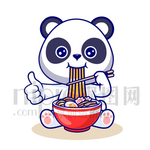 卡通熊猫开心吃面条