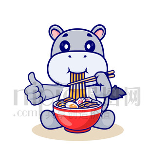 可爱河马吃面条插画