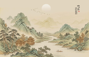 中式古风古典山水画背景壁画