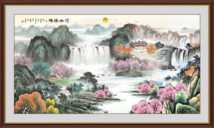  旭日山水瀑布国画