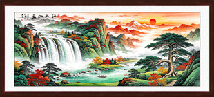 聚宝盆迎客松旭日东升山水画