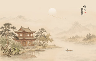 新中式屏风阁楼水墨山水画背景墙