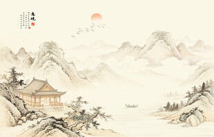 中国风水墨古风山水画背景画壁画