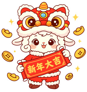 醒狮萌羊新年大吉插画