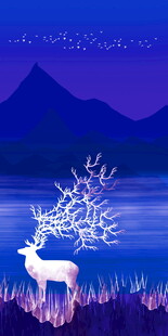 梦幻灵鹿蓝调山水玄关装饰画