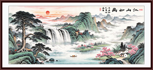 旭日迎客松山水画