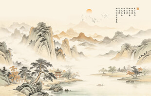 新中式屏风古风水墨山水画背景墙
