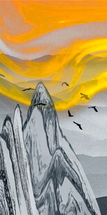 水墨山巅黄昏飞鸟玄关装饰画