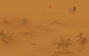 中式古风古典山水画背景壁画壁纸