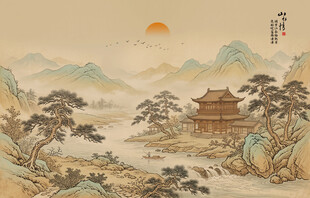 中国风中式古风古典山水画背景墙