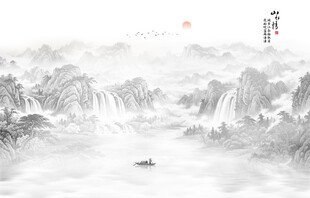 新中式国画山水画电视背景墙